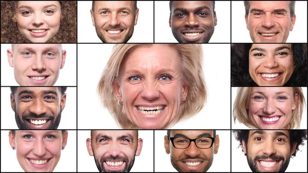一群漂亮的快乐的人在一个白种人的背景前拼凑在一起 — 图库照片