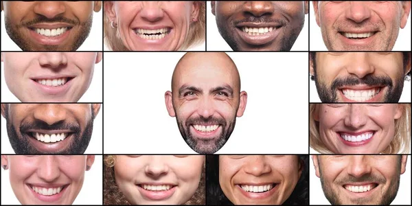 Skupina krásných šťastných lidí v koláži před bílým pozadím — Stock fotografie