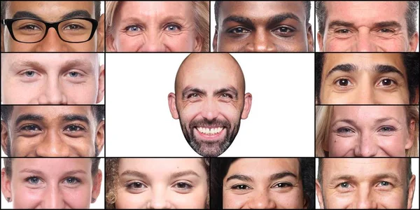 Grupo de hermosas personas felices en un collage frente a un fondo blanco — Foto de Stock