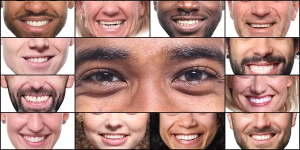 하얀 배경 앞에서 콜라주를 입고 있는 아름다운 행복 한 사람들의 그룹 — 스톡 사진