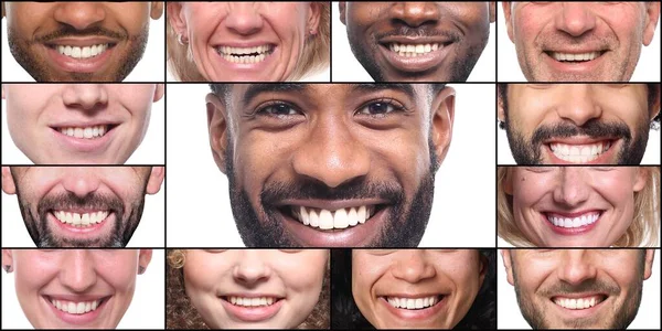 Grupo de hermosas personas felices en un collage frente a un fondo blanco — Foto de Stock