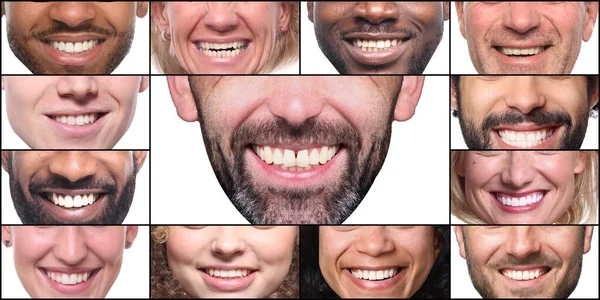 Grupo de hermosas personas felices en un collage frente a un fondo blanco —  Fotos de Stock