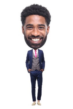 Beyaz arka planda güzel bir adam ve büyük bir kafası var.