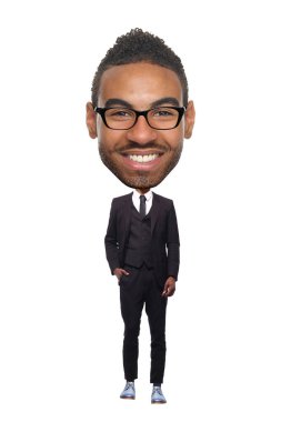 Beyaz arka planda güzel bir adam ve büyük bir kafası var.