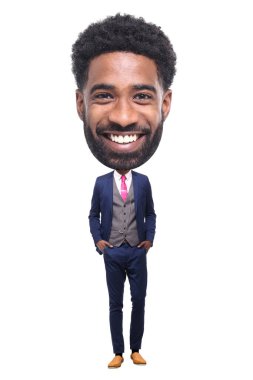 Beyaz arka planda güzel bir adam ve büyük bir kafası var.