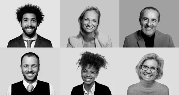 Pessoas felizes bonitas em uma colagem em preto e branco — Fotografia de Stock
