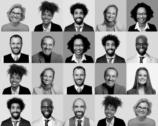 Красивые счастливые люди в черно-белом коллаже — стоковое фото
