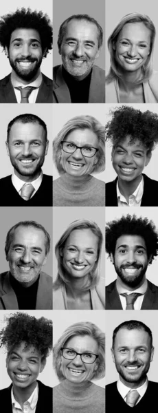 Piękni szczęśliwi ludzie w czarno-białym kolażu — Zdjęcie stockowe