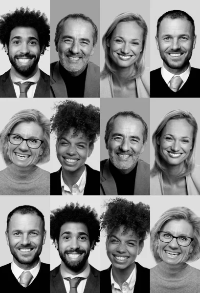 Vackra glada människor i ett svart och vitt collage — Stockfoto