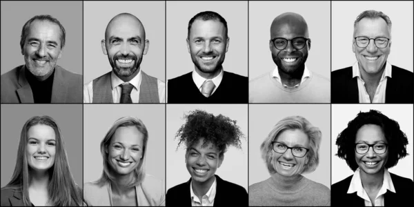 Pessoas felizes bonitas em uma colagem em preto e branco — Fotografia de Stock