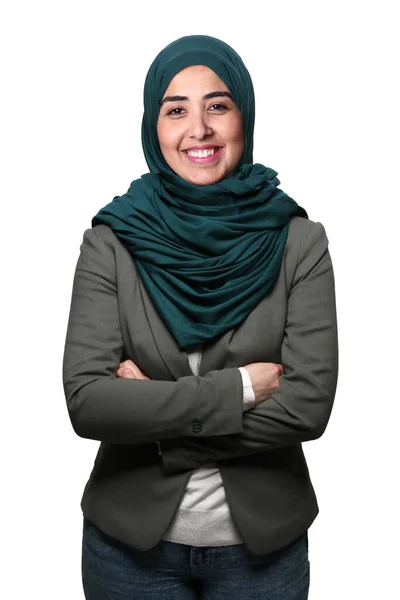 Schöne junge arabische Muslimin vor weißem Hintergrund — Stockfoto