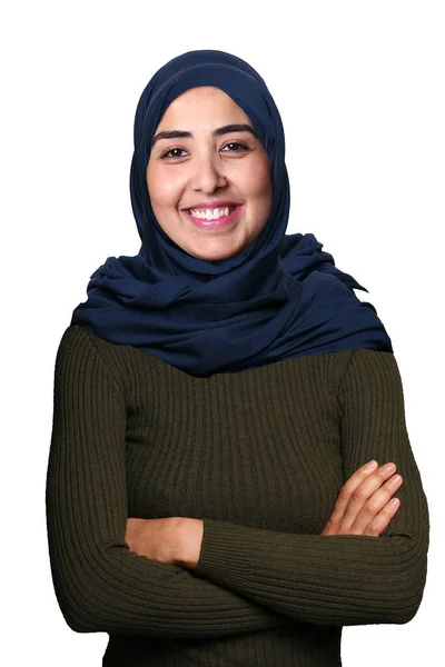 Schöne junge arabische Muslimin vor weißem Hintergrund — Stockfoto