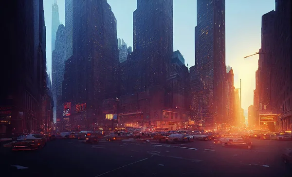 American city, illustration New York. Futuristic city where every building.