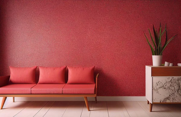 Red living room with sofa. Minimalist design.