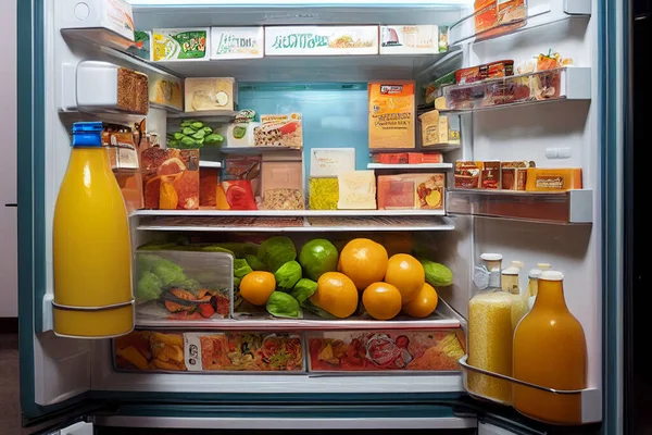Open Refrigerator Filled With Fresh Fruits, Vegetable and Drinks
