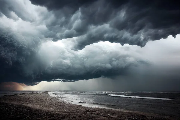 Storm clouds over the sea, dark sky. Dangerous thunderstorm with dark clouds.