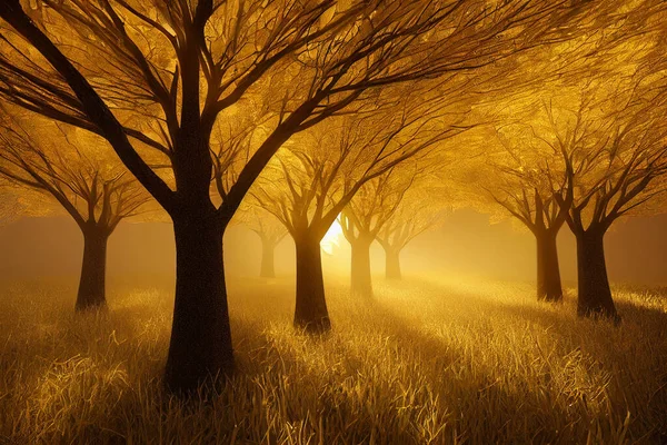 Golden trees and light beams. Abstract fantastic nature background.