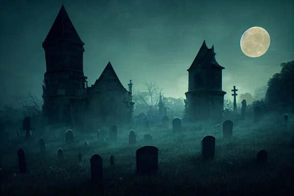 Spooky Cemetery With Moon. Graveyard At Night.