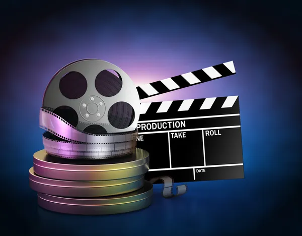 Movie film reels and cinema clapper — Stock Photo, Image