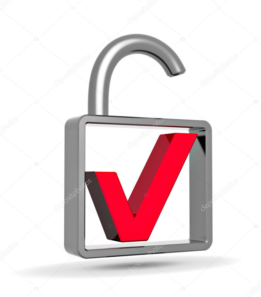 Red check mark into a open padlock, security concept