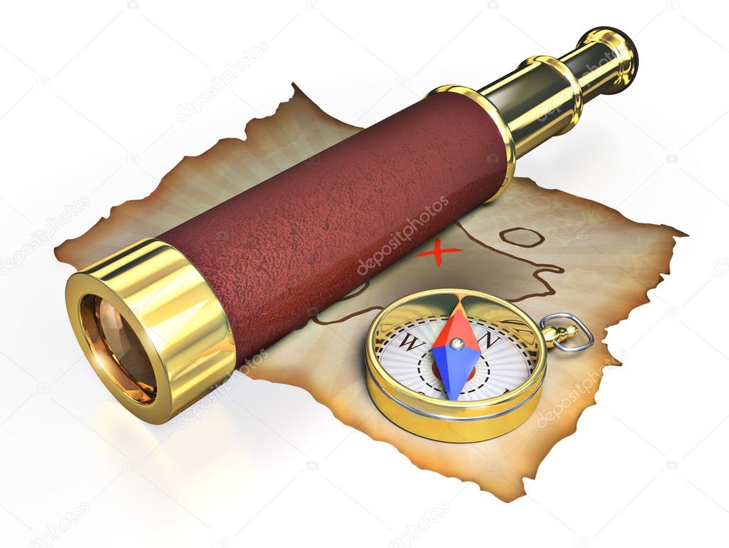 Compass, spyglass and old map