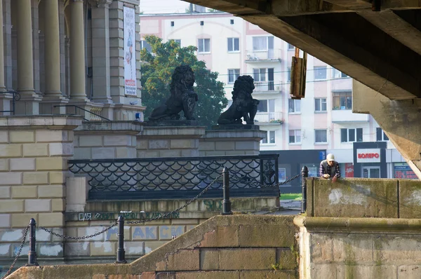 Um velho pescando nas margens do rio Pregel na parte histórica da cidade em 8 de agosto de 2013 em Kaliningrado, Rússia — Fotografia de Stock