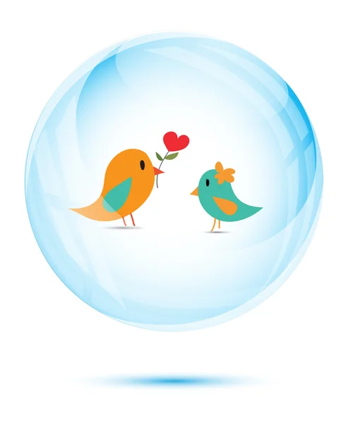 青いガラスの赤いハート花とかわいいカップル鳥 — ストックベクタ