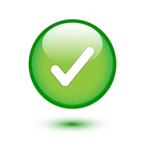 Verde brilhante web 2.0 botão com sinal de marca de seleção — Vetor de Stock