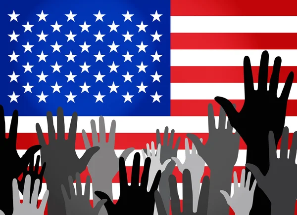 Many hands up over USA flag — Stock Vector