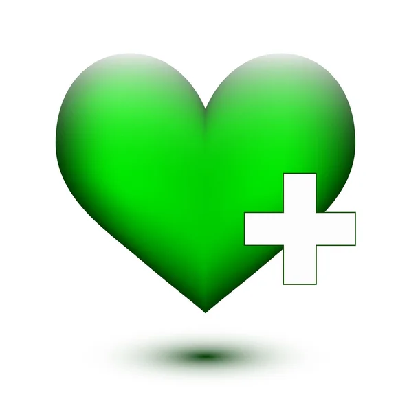 Corazón verde con blanco plus — Vector de stock