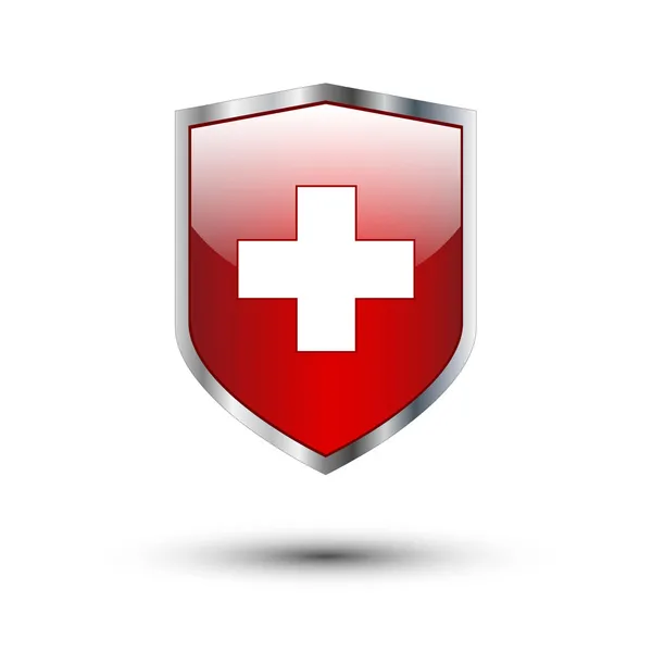 Red cross on silver shield — Stock Vector