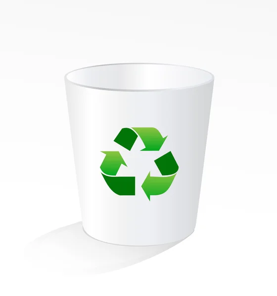 Papelera de basura de reciclaje blanco con letrero de reciclaje verde — Vector de stock