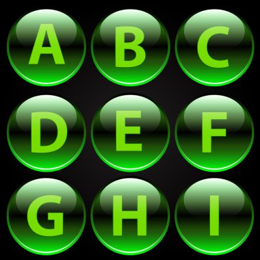 Yeşil parlak alfabesinde geçerli olan harfleri (A-Ben)
