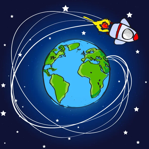 Nave espacial desenhada à mão voando pelo mundo — Vetor de Stock