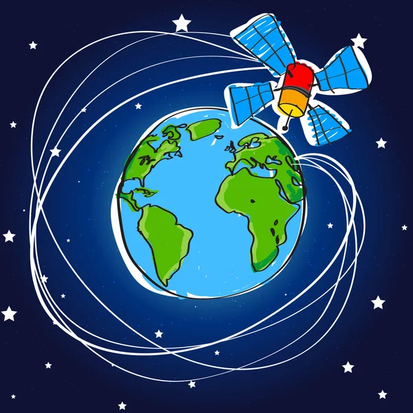 Telekommunikationssatellit um die Erde — Stockvektor