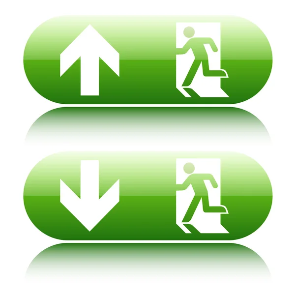 绿色的光泽紧急出口标志与箭头向上和向下主人家 — 图库矢量图片