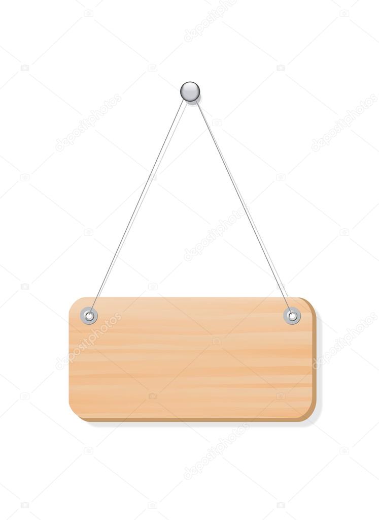 Blank wooden label board hanging from a nail by string on white