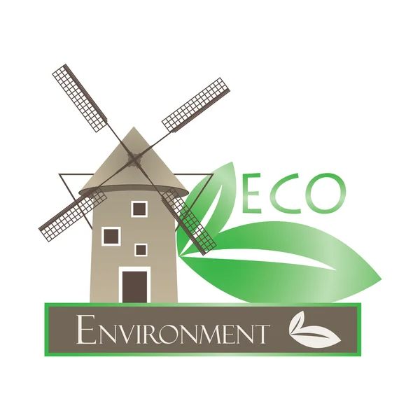 Illustration av väderkvarn och eco lämnar på vit bakgrund — Stock vektor