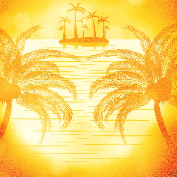 Illustration des Sonnenuntergangs Blick auf Strand mit Palme — Stockvektor