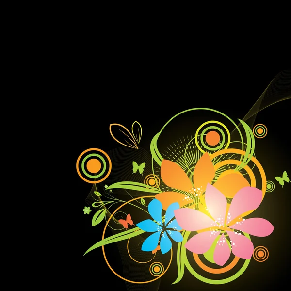 Fond noir avec des fleurs colorées lumineuses — Image vectorielle