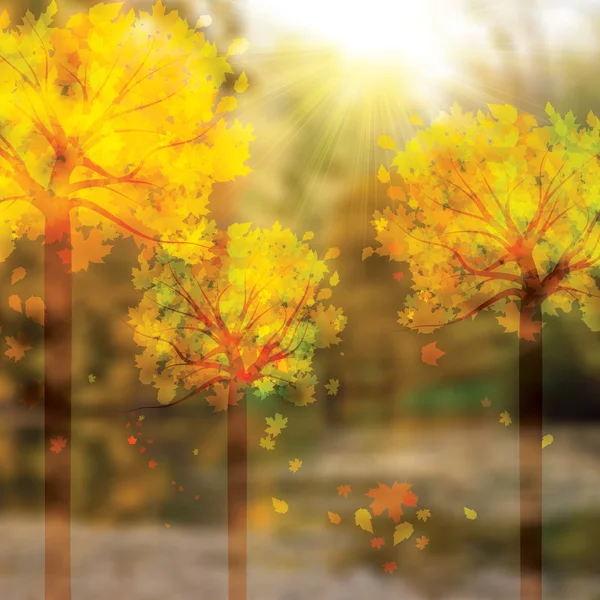 Sfondo autunnale con alberi e foglie cadenti — Vettoriale Stock