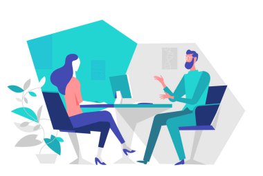 Bir adam ve bir kadın ofiste oturuyor ve bir iş toplantısı sırasında masada konuşuyorlar.