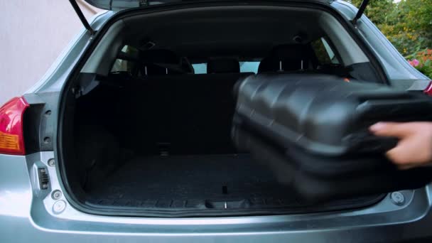 Adam Arabanın Bagajını Açtı Çantaları Oraya Koydu Köpek Içine Atladı — Stok video
