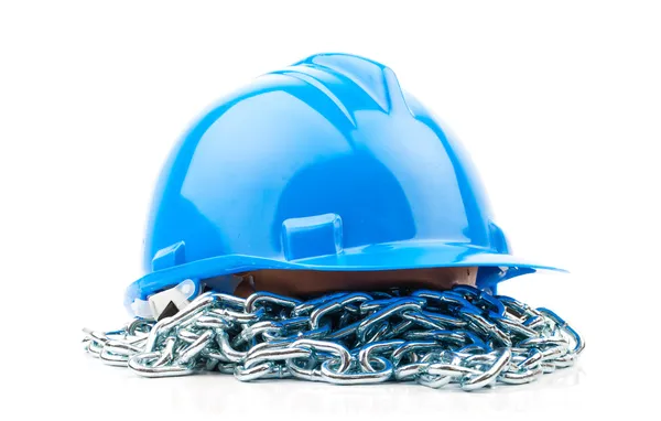 Blue hard hat and chain isolated on white background — Stock Photo, Image