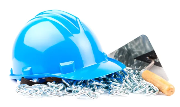 Blue helmet and mason tools — Stock Photo, Image