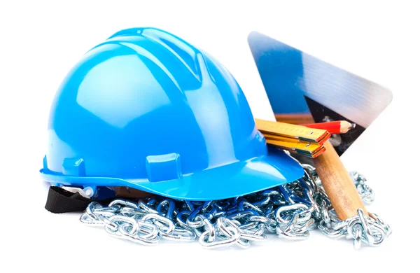 Blauwe helm en mason tools — Stockfoto
