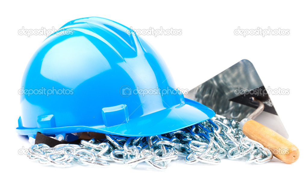 Blue helmet and mason tools