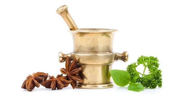 Brass mortar with spices — Stock Photo, Image
