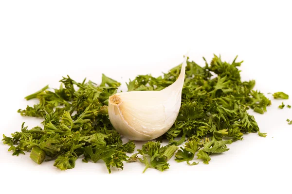 Garlic and dry parsley leaves isolated on white background — Stock Photo, Image