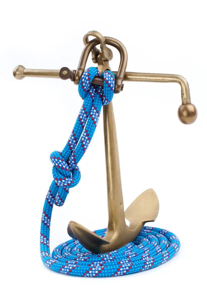 Old marine anchor and blue rope — Stock Photo, Image